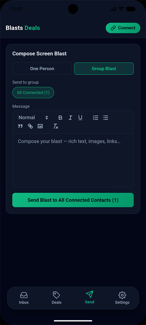 The mobile composer: One Person or Group Blast, a rich-text editor with bold, italics, lists, links and images, and a Send Blast to All Connected Contacts button
