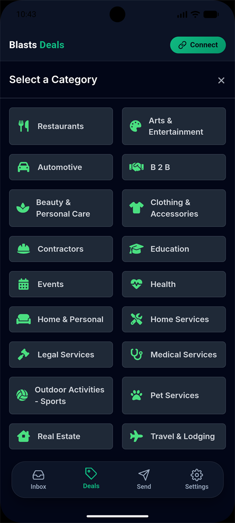 The deal category picker: Restaurants, Automotive, Beauty, Contractors, Events, Health, Home Services, Legal, Medical, Pets, Real Estate, Travel and more