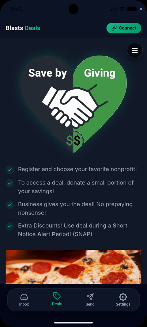The Save by Giving deals screen: register, choose a favorite nonprofit, donate a small portion of your savings to access each deal — no prepaying
