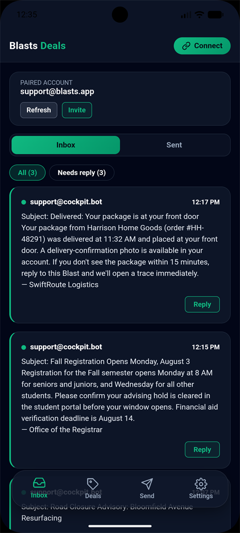 The mobile inbox: a paired account receiving real Screen Blasts — a package delivery confirmation and a college registration notice — each with a one-tap Reply button